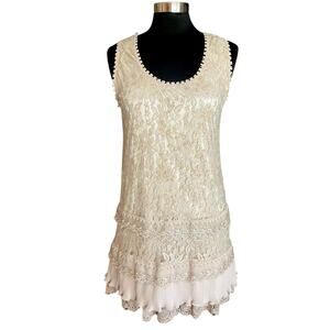 Vertigo Paris Taupe Beige Sheath Dress Tiered Lace Sleeveless MED Fairy Boho